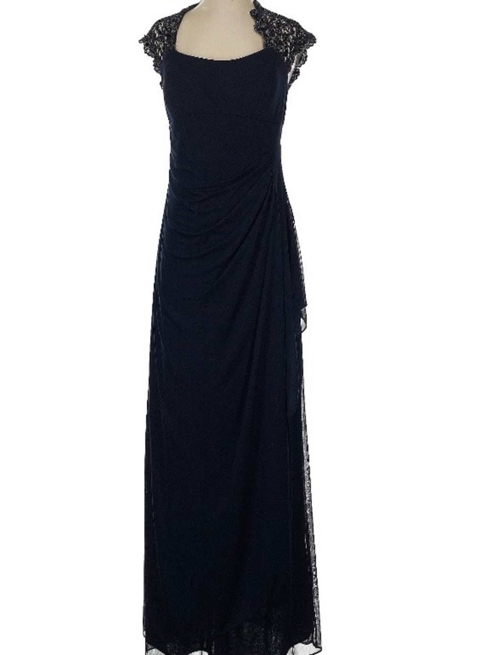 Xscape Navy Lace Cap-Sleeve Maxi Dress